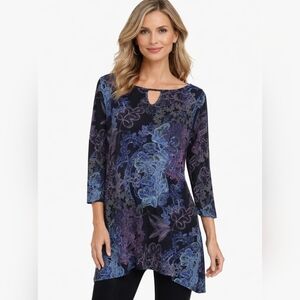CLARA SUN WOO Women's Slinky Knit Tunic Top Large 3/4 sleeve Boxy Black Purple